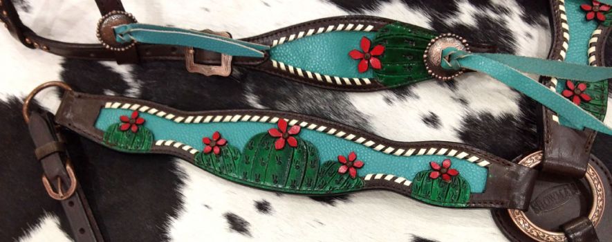Showman  Painted Cactus with 3D flower accent one ear headstall breast collar set #3
